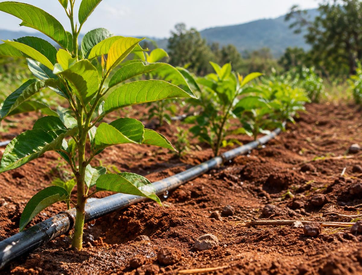 Drip irrigation line running between young fruit tree seedlings