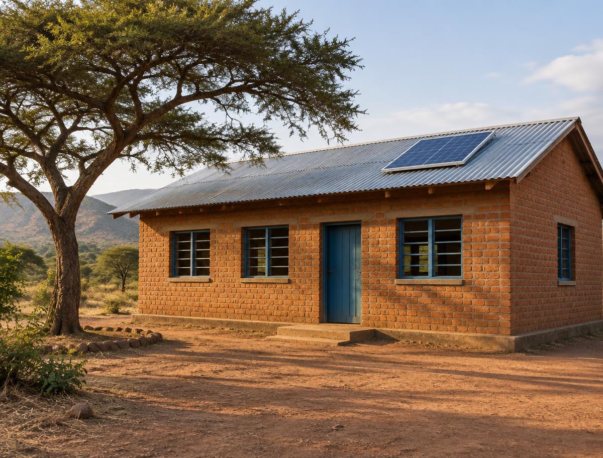 Illustrative image of a rural schoolhouse with a solar panel